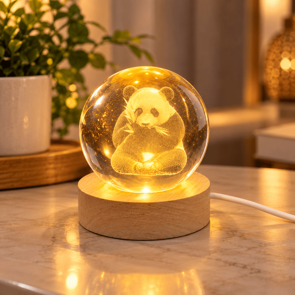 3D Panda Crystal Ball Light with Wooden Base